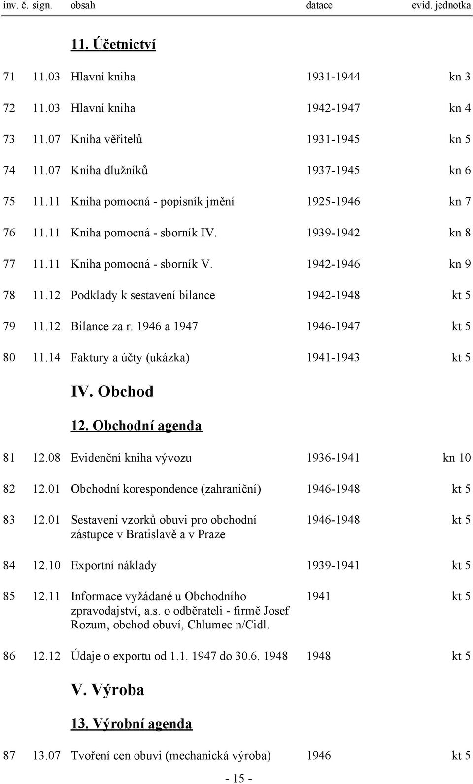 12 Podklady k sestavení bilance 1942-1948 kt 5 79 11.12 Bilance za r. 1946 a 1947 1946-1947 kt 5 80 11.14 Faktury a účty (ukázka) 1941-1943 kt 5 IV. Obchod 12. Obchodní agenda 81 12.