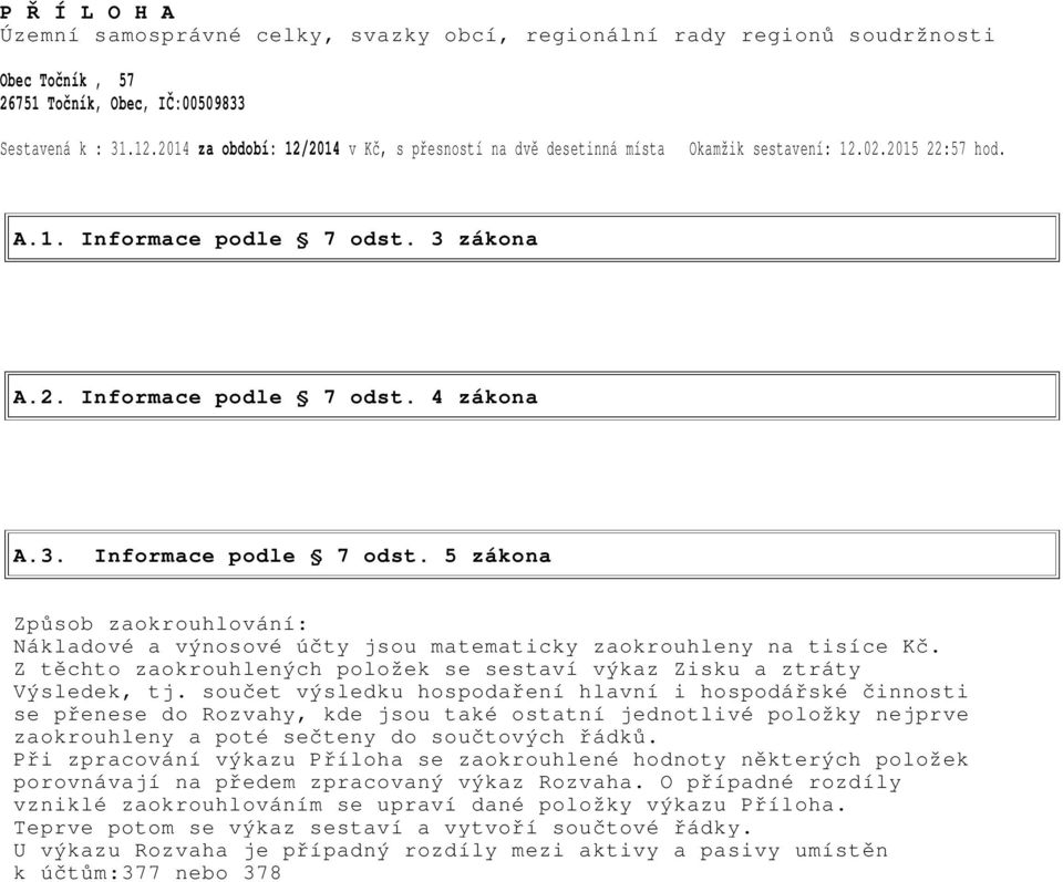 3 zákona A.2. Informace podle 7 odst. 4 zákona A.3. Informace podle 7 odst. 5 zákona Způsob zaokrouhlování: Nákladové a výnosové účty jsou matematicky zaokrouhleny na tisíce Kč.