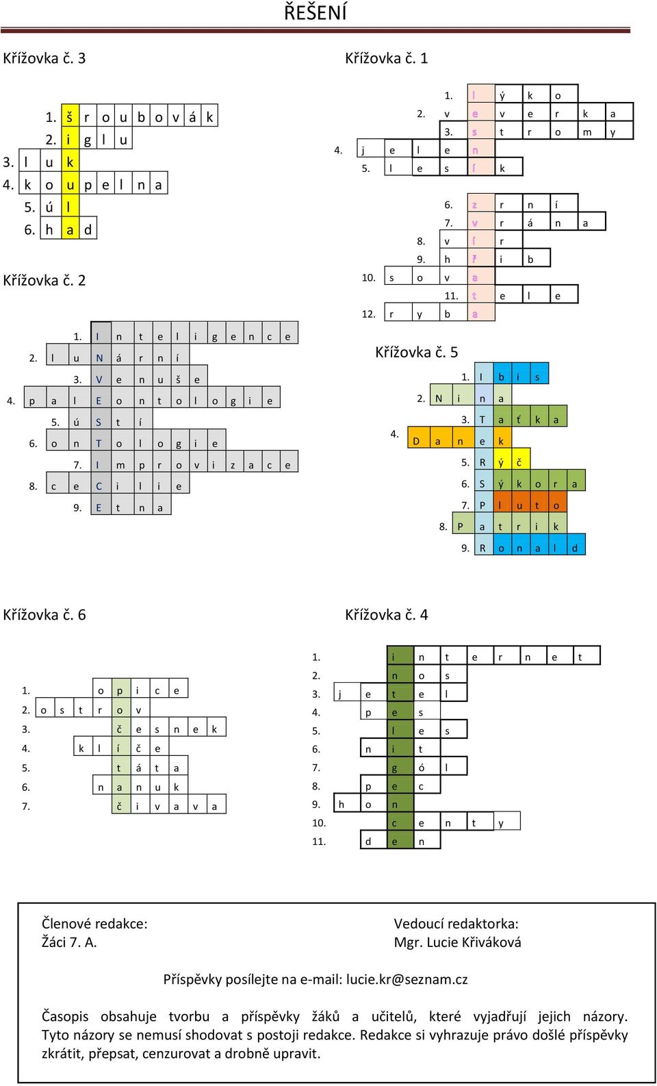 h i b 10. s o v 11. e l e 12. r y b Křížovka č. 5 1. I b i s 2. N i n a 3. T a ť k a 4. D a n e k 5. R ý č 6. S ý k o r a 7. P l u t o 8. P a t r i k 9. R o n a l d Křížovka č. 6 Křížovka č. 4 1.