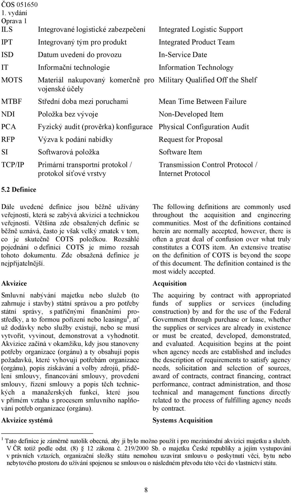 Non-Developed Item PCA Fyzický audit (prověrka) konfigurace Physical Configuration Audit RFP Výzva k podání nabídky Request for Proposal SI Softwarová položka Software Item TCP/IP Primární