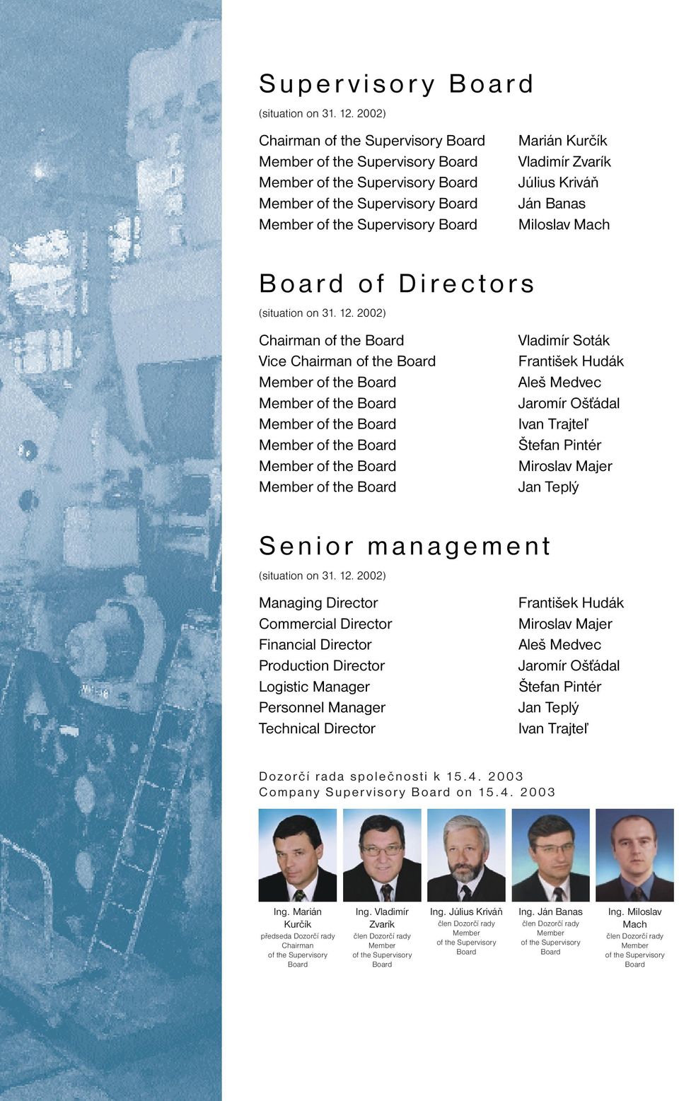 the Supervisory Board Miloslav Mach Board of Directors (situation on 31. 12.