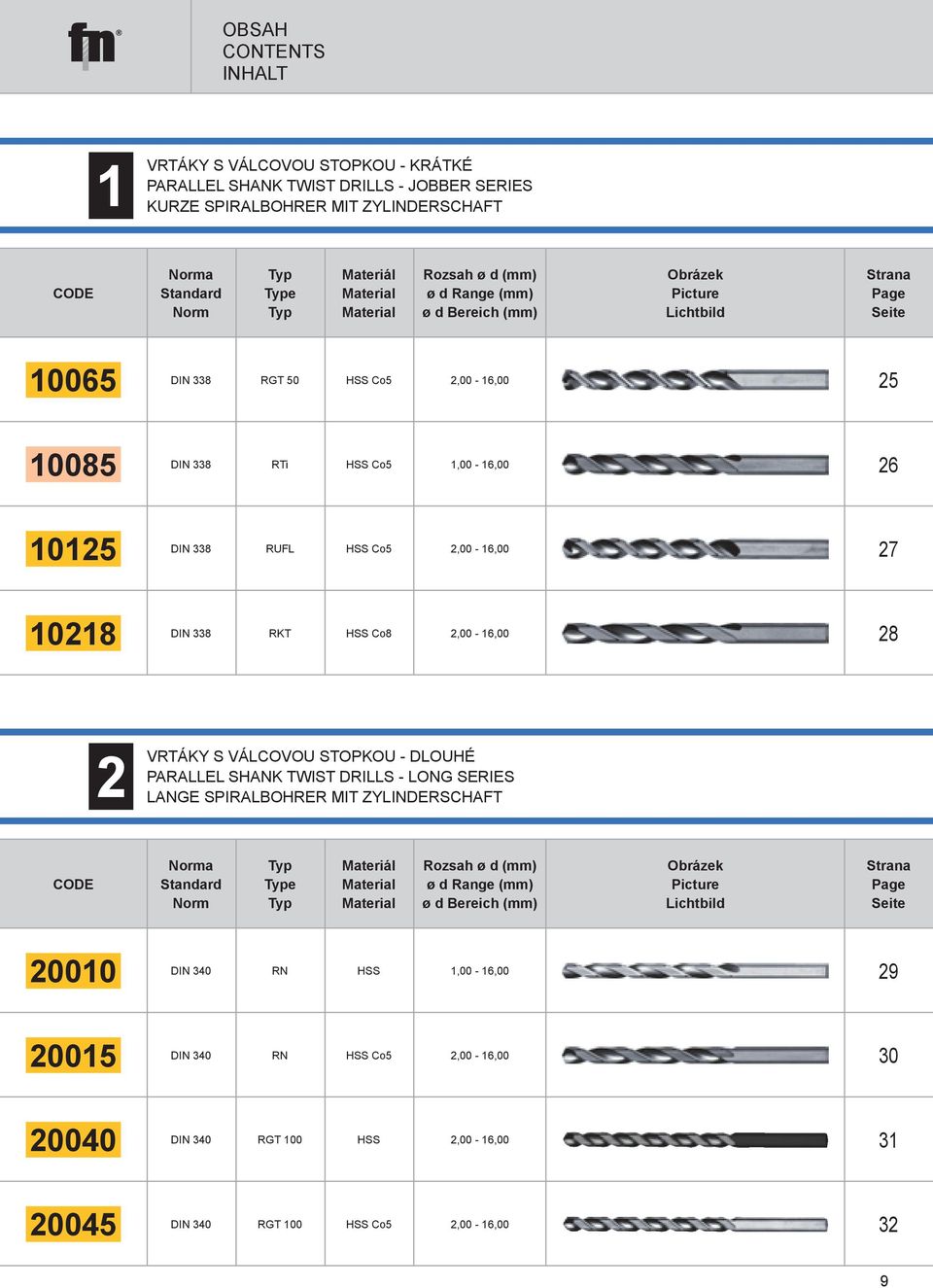 2,00-16,00 27 10218 RKT Co8 2,00-16,00 DIN 338 28 2 VRTÁKY S VÁLCOVOU STOPKOU - DLOUHÉ PARALLEL SHANK TWIST DRILLS - LONG SERIES LANGE SPIRALBOHRER MIT ZYLINDERSCHAFT CODE Norma Standard Norm Typ