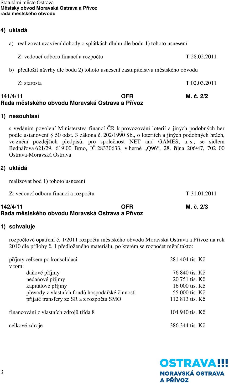 2/2 1) nesouhlasí s vydáním povolení Ministerstva financí ČR k provozování loterií a jiných podobných her podle ustanovení 50 odst. 3 zákona č. 202/1990 Sb.