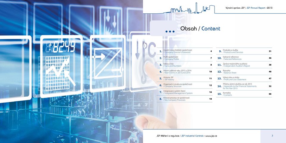 Hlavní události roku 2013 a 2014 / Main Events in 2013 and 2014 10 12. Rozvaha / Balance Sheet 40 5. Historie JSP / JSP History 11 13. Výkaz zisku a ztráty / Profit and Loss Statement 47 6. 7. 8.