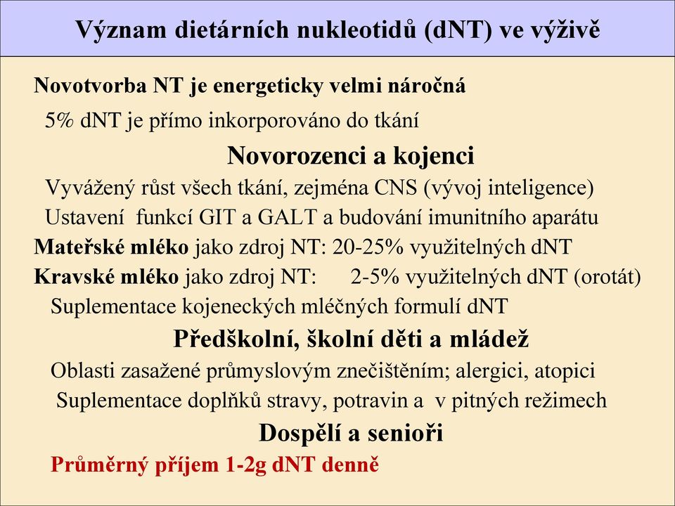 využitelných dnt Kravské mléko jako zdroj NT: 2-5% využitelných dnt (orotát) Suplementace kojeneckých mléčných formulí dnt Předškolní, školní děti a mládež