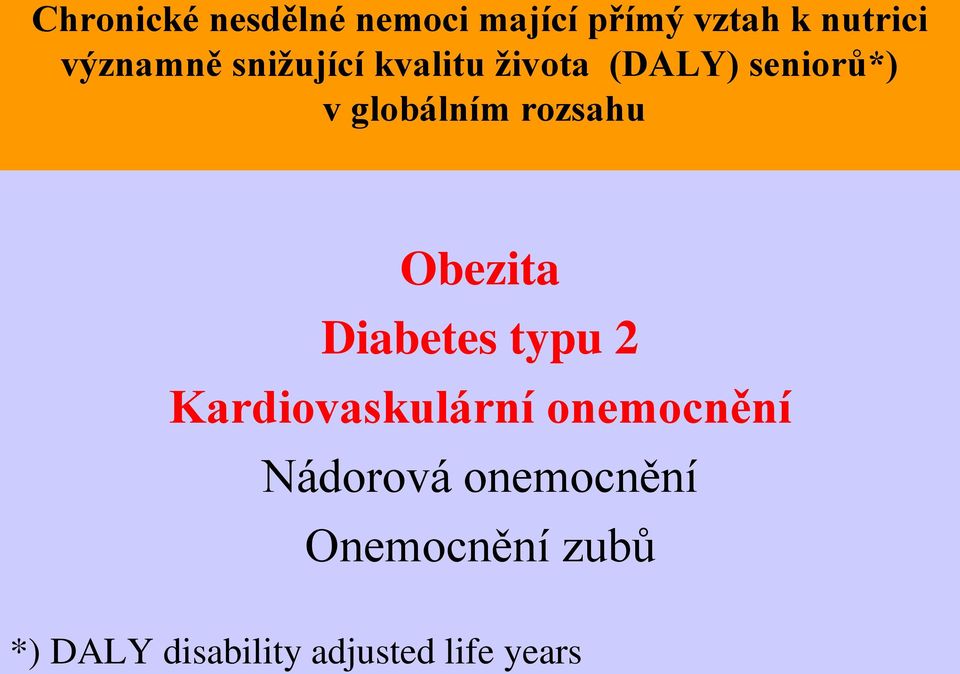 života (DALY) seniorů*) v globálním rozsahu Obezita Diabetes