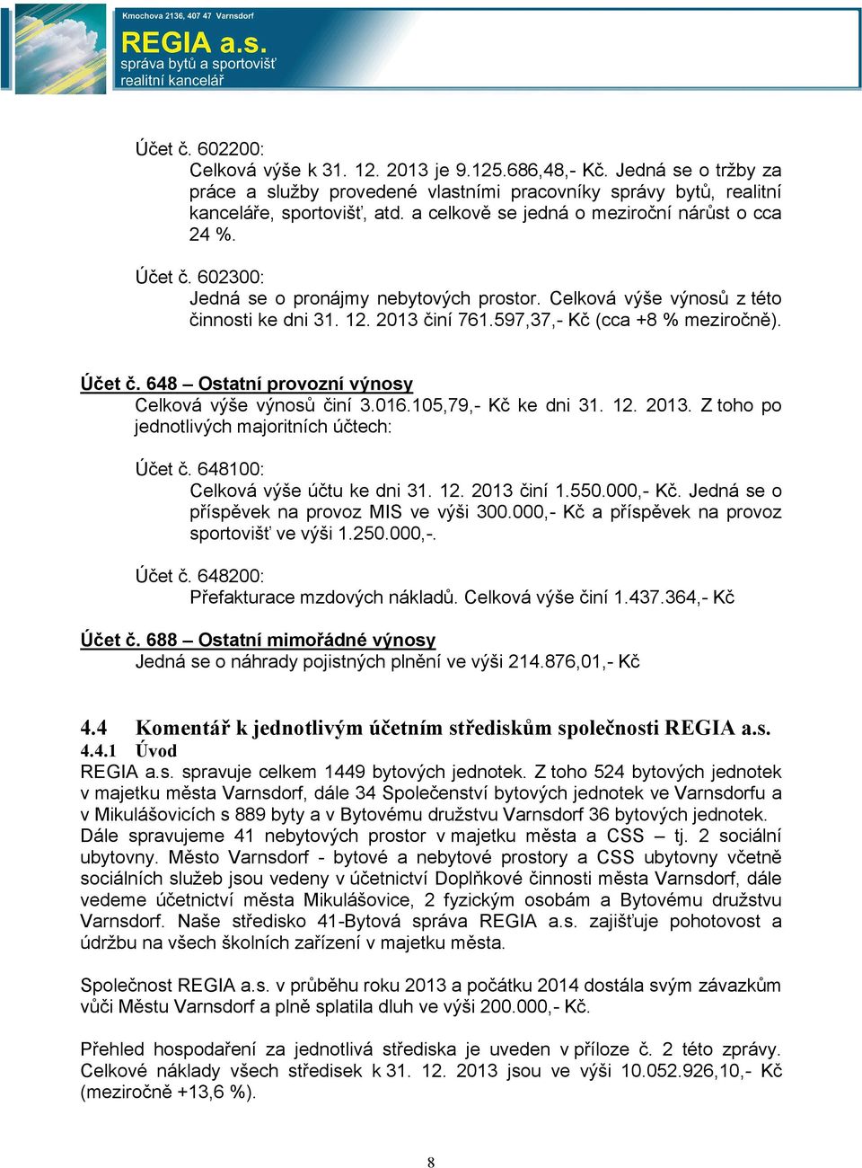 597,37,- Kč (cca +8 % meziročně). Účet č. 648 Ostatní provozní výnosy Celková výše výnosů činí 3.016.105,79,- Kč ke dni 31. 12. 2013. Z toho po jednotlivých majoritních účtech: Účet č.