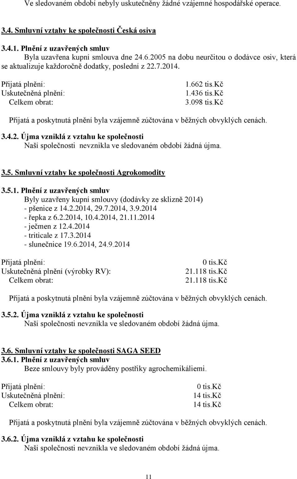 kč Přijatá a poskytnutá plnění byla vzájemně zúčtována v běžných obvyklých cenách. 3.4.2. Újma vzniklá z vztahu ke společnosti Naší společnosti nevznikla ve sledovaném období žádná újma. 3.5.