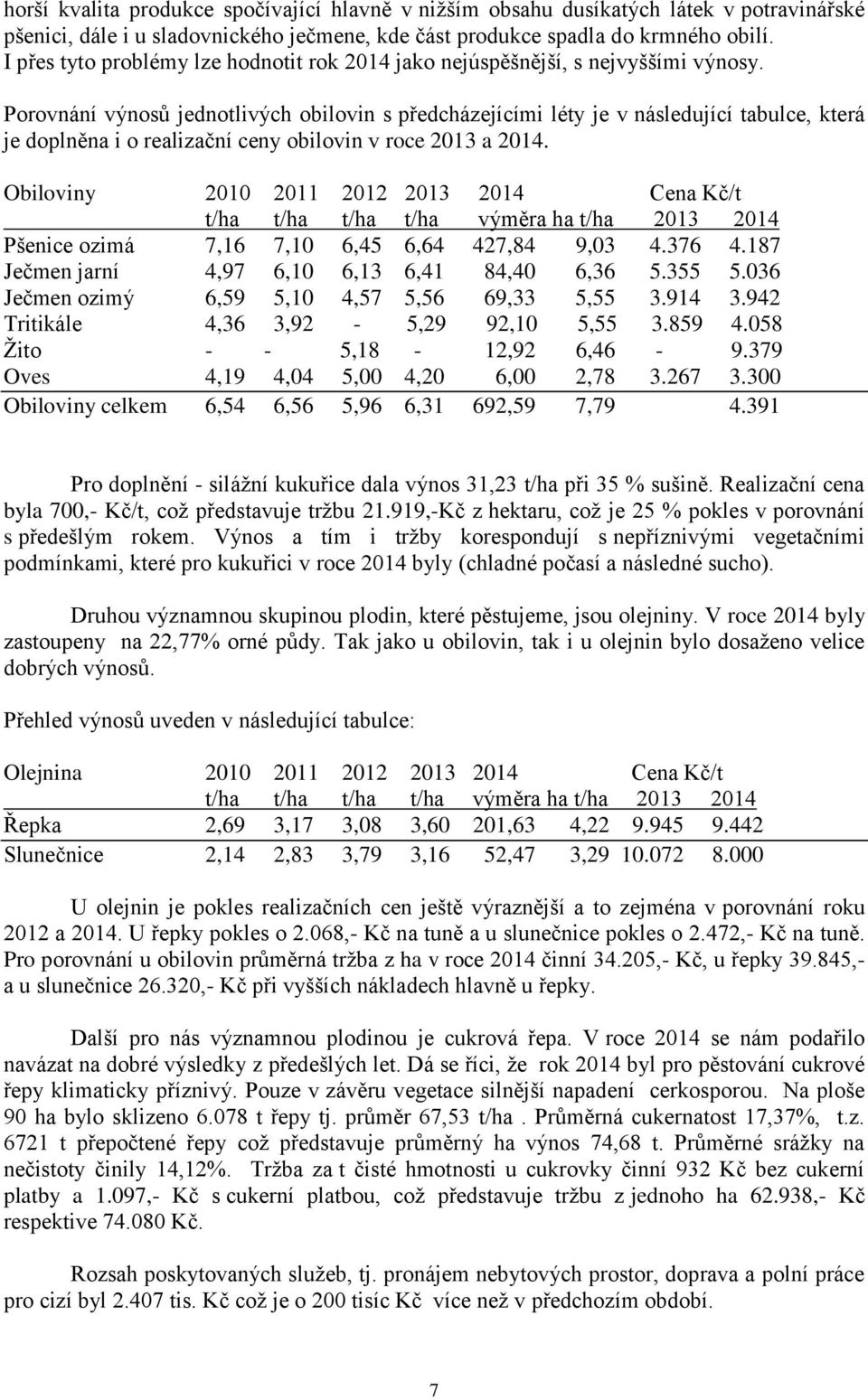 Porovnání výnosů jednotlivých obilovin s předcházejícími léty je v následující tabulce, která je doplněna i o realizační ceny obilovin v roce 213 a 214.