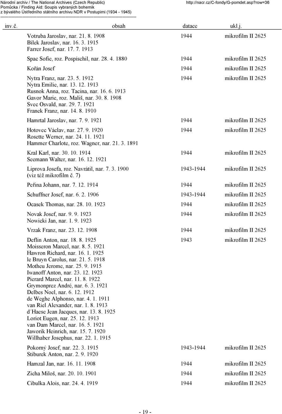 30. 8. 1908 Svec Osvald, nar. 29. 7. 1921 Franek Franz, nar. 14. 8. 1910 1944 mikrofilm II 2625 Hamrtal Jaroslav, nar. 7. 9. 1921 1944 mikrofilm II 2625 Hotovec Václav, nar. 27. 9. 1920 Rosette Werner, nar.