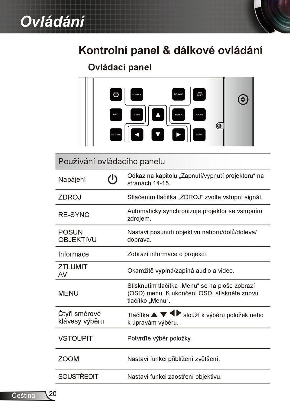 Zapnutí/vypnutí projektoru na stranách 14-15. R G B H V 12V OUT Stlačením tlačítka ZDROJ zvolte vstupní signál. Automaticky synchronizuje projektor se vstupním RS232 zdrojem.