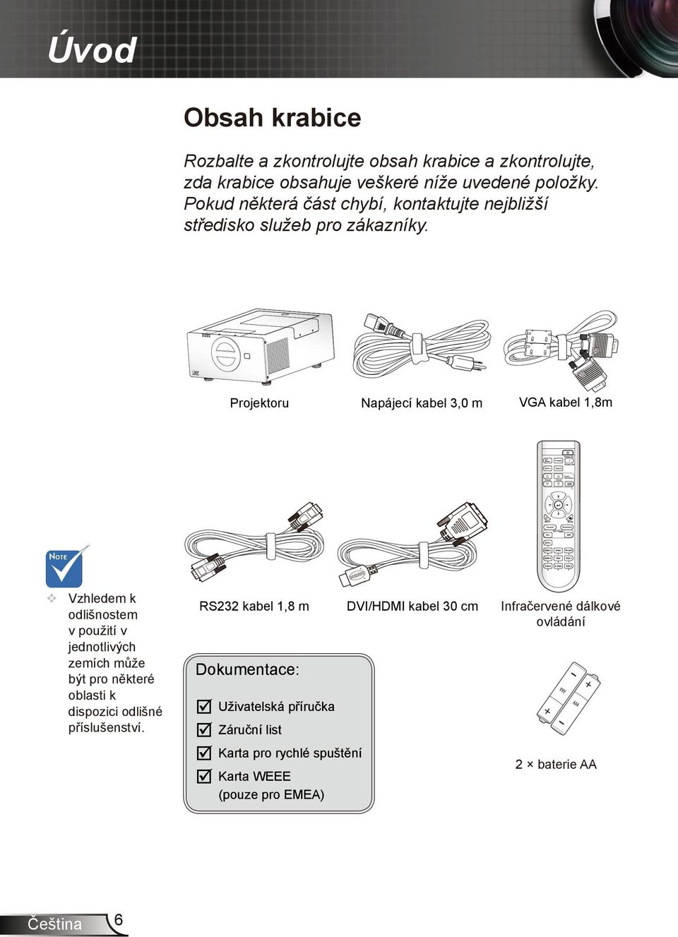 Projektoru Napájecí kabel 3,0 m VGA kabel 1,8m Vzhledem k odlišnostem v použití v jednotlivých zemích může být pro některé oblasti k dispozici