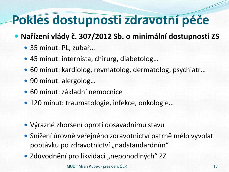 dermatolog, psychiatr 90 minut: alergolog 60 minut: základní nemocnice 120 minut: traumatologie, infekce, onkologie Výrazné