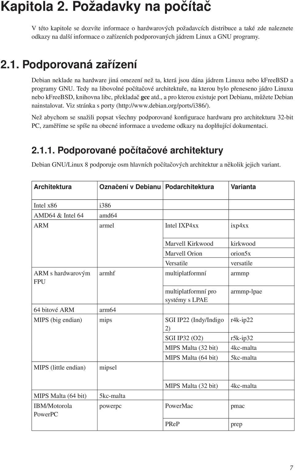 2.1. Podporovaná zařízení Debian neklade na hardware jiná omezení než ta, která jsou dána jádrem Linuxu nebo kfreebsd a programy GNU.