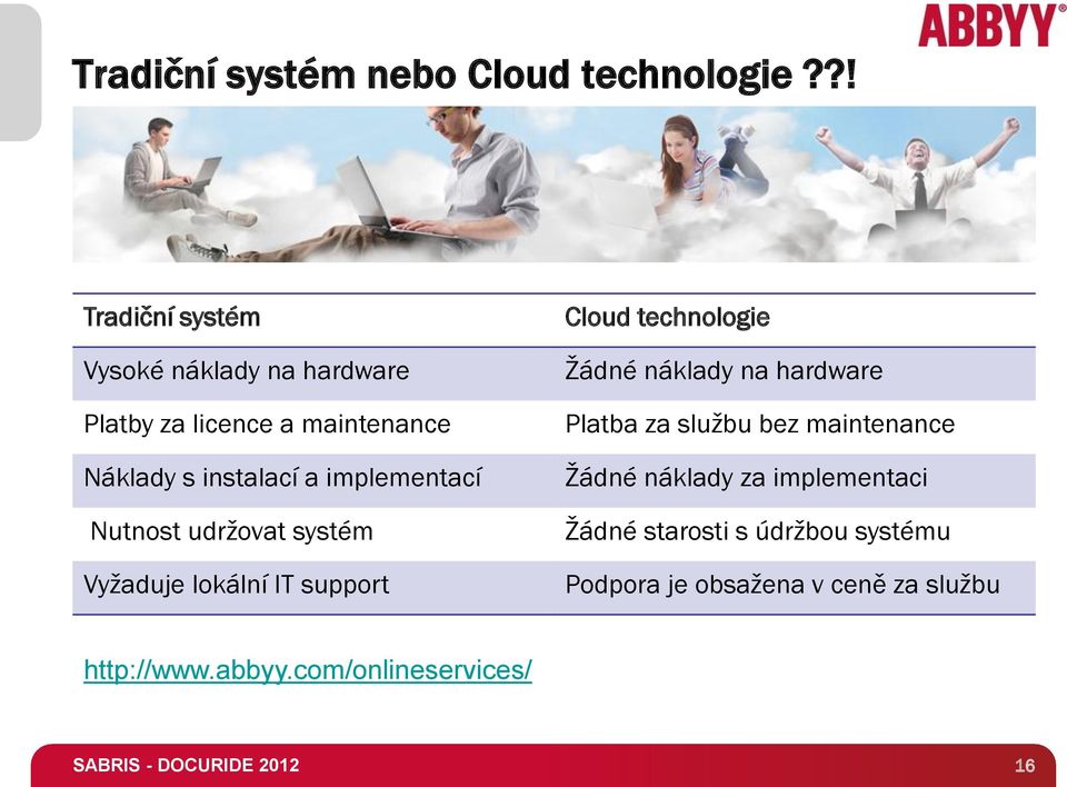 implementací Nutnost udržovat systém Vyžaduje lokální IT support Cloud technologie Žádné náklady na