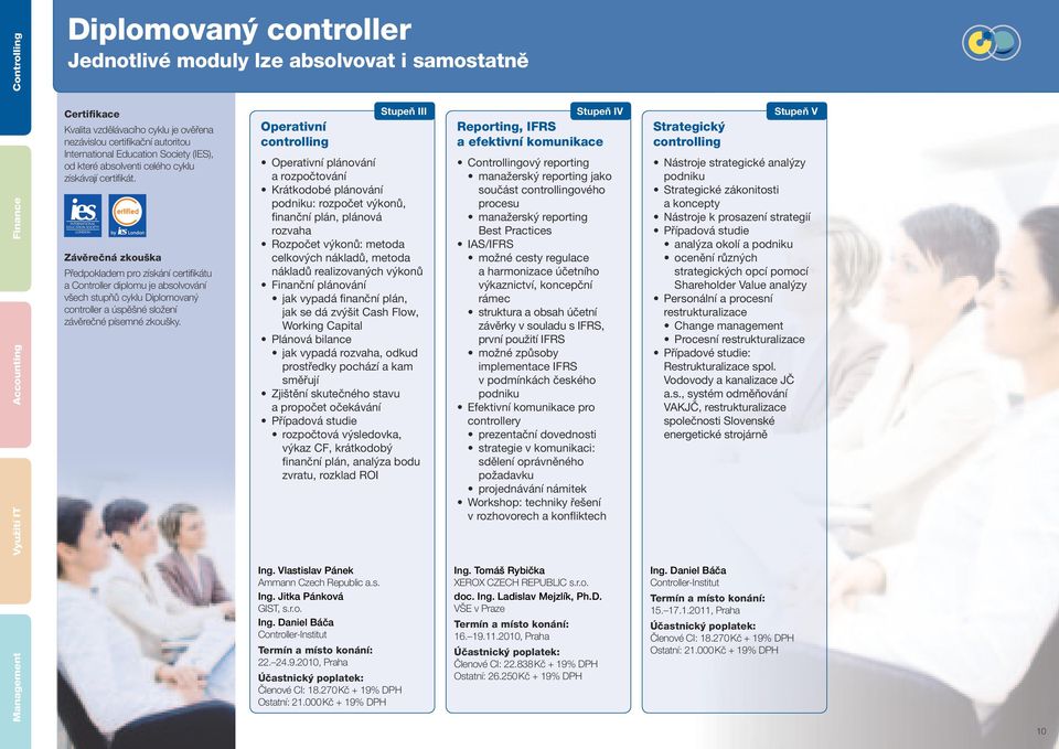 Závěrečná zkouška Předpokladem pro získání certifikátu a Controller diplomu je absolvování všech stupňů cyklu Diplomovaný controller a úspěšné složení závěrečné písemné zkoušky.