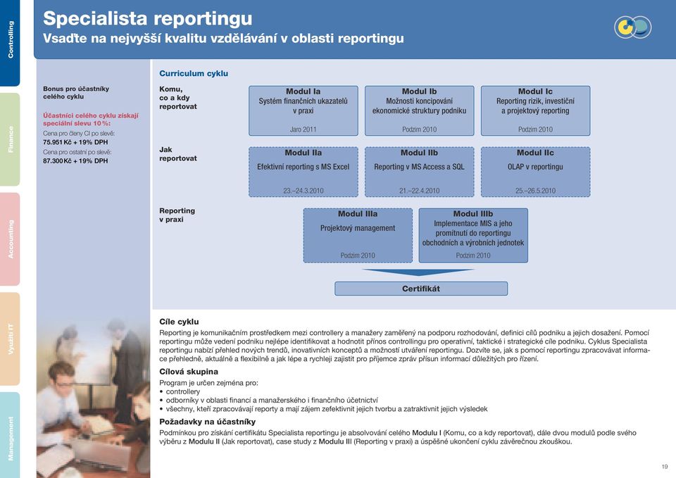 300 Kč + 19% DPH Curriculum cyklu Komu, co a kdy reportovat Jak reportovat Reporting v praxi Modul Ia Systém finančních ukazatelů v praxi Jaro 2011 Modul IIa Efektivní reporting s MS Excel 23. 24.3.2010 Modul IIIa Projektový management Podzim 2010 Modul Ib Možnosti koncipování ekonomické struktury podniku Podzim 2010 Modul IIb Reporting v MS Access a SQL 21.