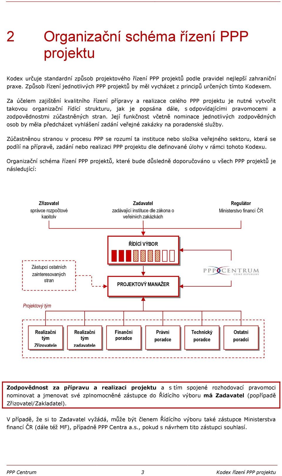 Za účelem zajištění kvalitního řízení přípravy a realizace celého PPP projektu je nutné vytvořit takovou organizační řídící strukturu, jak je popsána dále, s odpovídajícími pravomocemi a