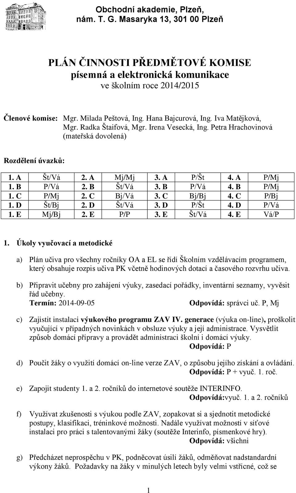 D Št/Vá 3. D P/Št 4. D P/Vá 1. E Mj/Bj 2. E P/P 3. E Št/Vá 4. E Vá/P 1.