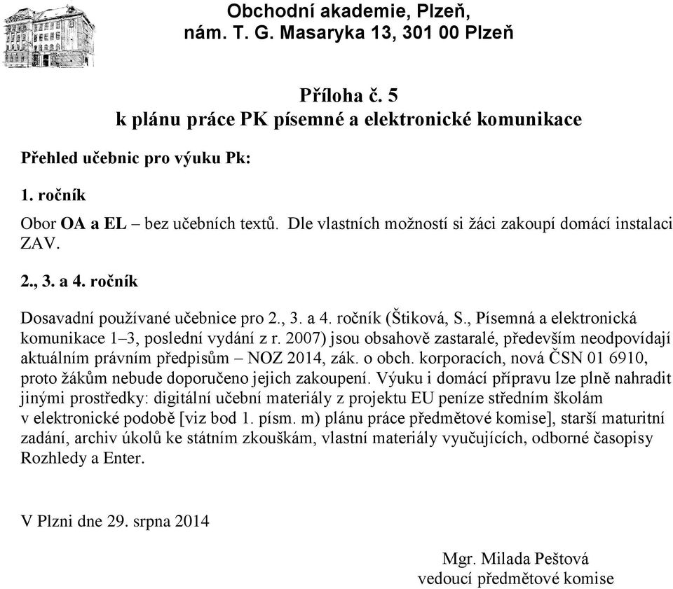 2007) jsou obsahově zastaralé, především neodpovídají aktuálním právním předpisům NOZ 2014, zák. o obch. korporacích, nová ČSN 01 6910, proto žákům nebude doporučeno jejich zakoupení.