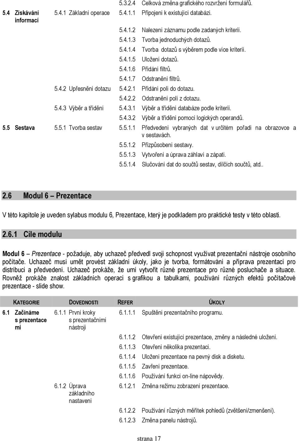 5.4.3 Výběr a třídění 5.4.3.1 Výběr a třídění databáze podle kriterií. 5.4.3.2 Výběr a třídění pomocí logických operandů. 5.5 Sestava 5.5.1 Tvorba sestav 5.5.1.1 Předvedení vybraných dat v určitém pořadí na obrazovce a v sestavách.