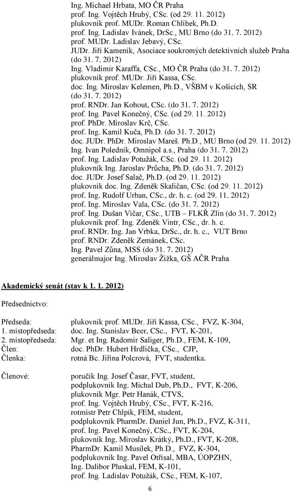 D., VŠBM v Košicích, SR (do 31. 7. 2012) prof. RNDr. Jan Kohout, CSc. (do 31. 7. 2012) prof. Ing. Pavel Konečný, CSc. (od 29. 11. 2012) prof. PhDr. Miroslav Krč, CSc. prof. Ing. Kamil Kuča, Ph.D. (do 31. 7. 2012) doc.