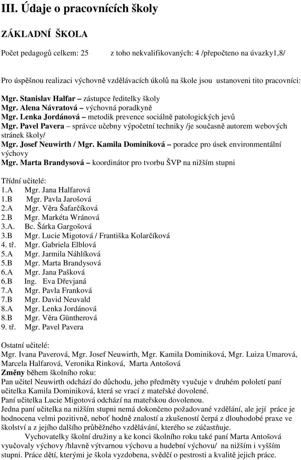 Pavel Pavera správce učebny výpočetní techniky /je současně autorem webových stránek školy/ Mgr. Josef Neuwirth / Mgr. Kamila Dominiková poradce pro úsek environmentální výchovy Mgr.