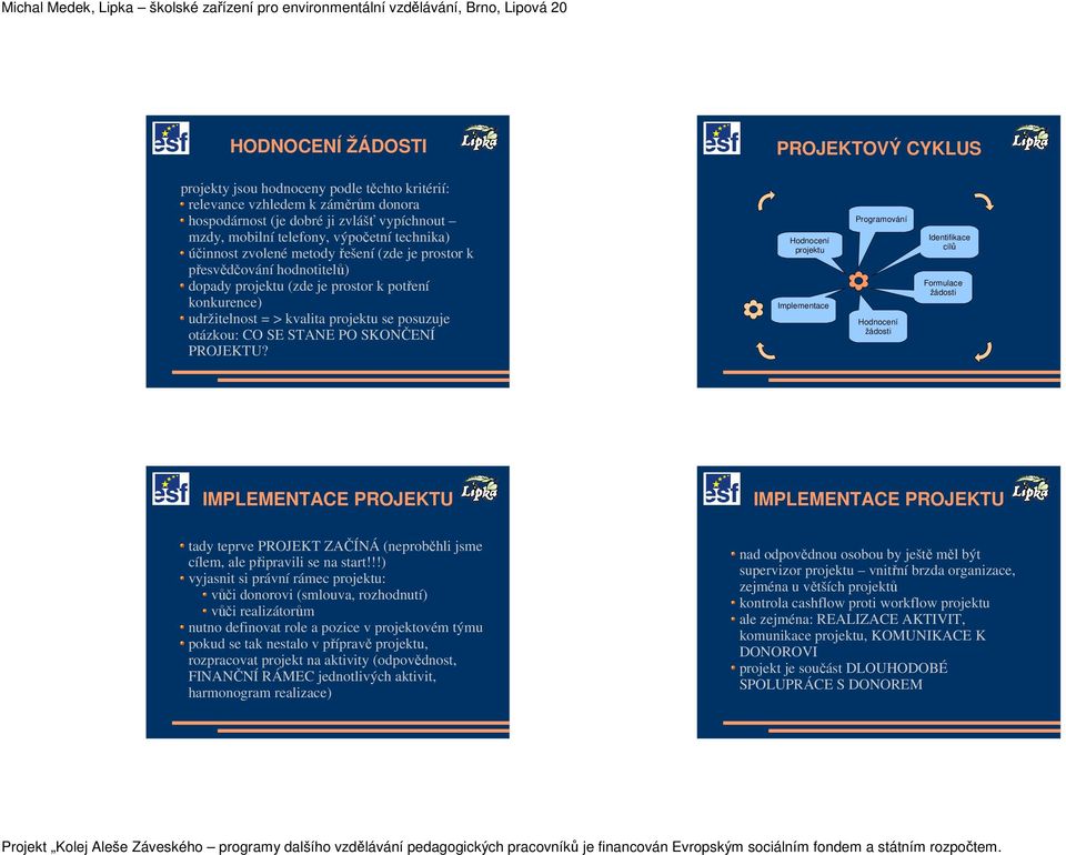 IMPLEMENTACE PROJEKTU IMPLEMENTACE PROJEKTU tady teprve PROJEKT ZAČÍNÁ (neproběhli jsme cílem, ale připravili se na start!