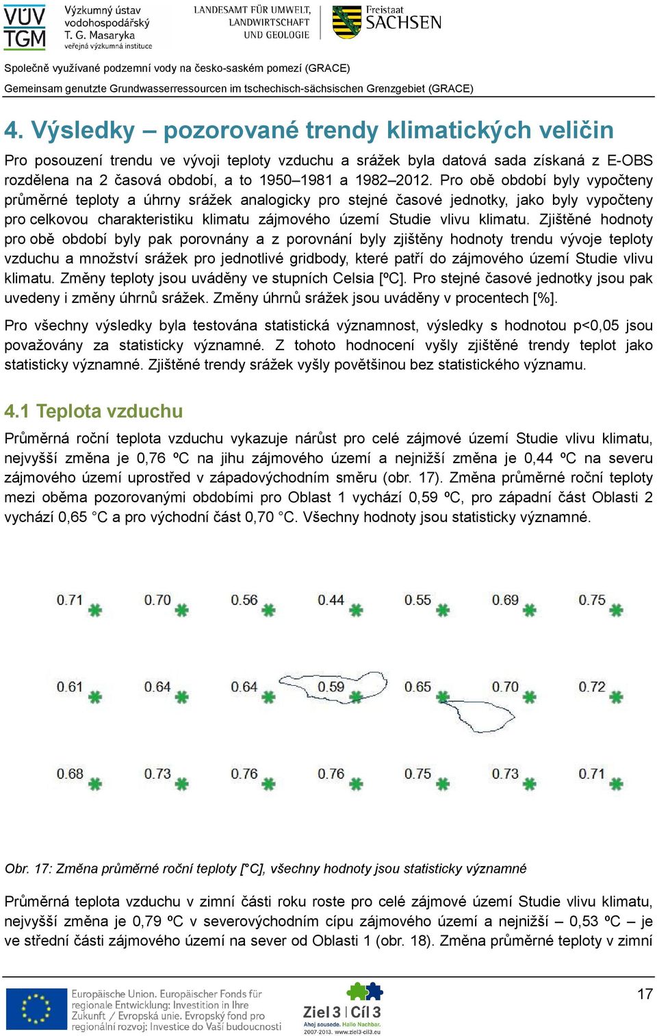 Zjištěné hodnoty pro obě období byly pak porovnány a z porovnání byly zjištěny hodnoty trendu vývoje teploty vzduchu a množství srážek pro jednotlivé gridbody, které patří do zájmového území Studie