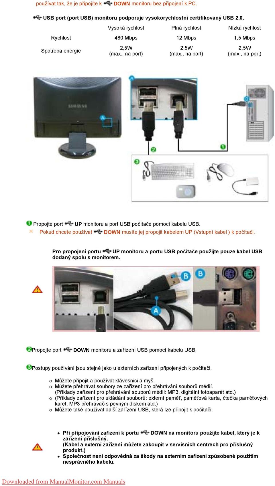 , na port) 2,5W (max., na port) Propojte port UP monitoru a port USB počítače pomocí kabelu USB. Pokud chcete používat DOWN musíte jej propojit kabelem UP (Vstupní kabel ) k počítači.