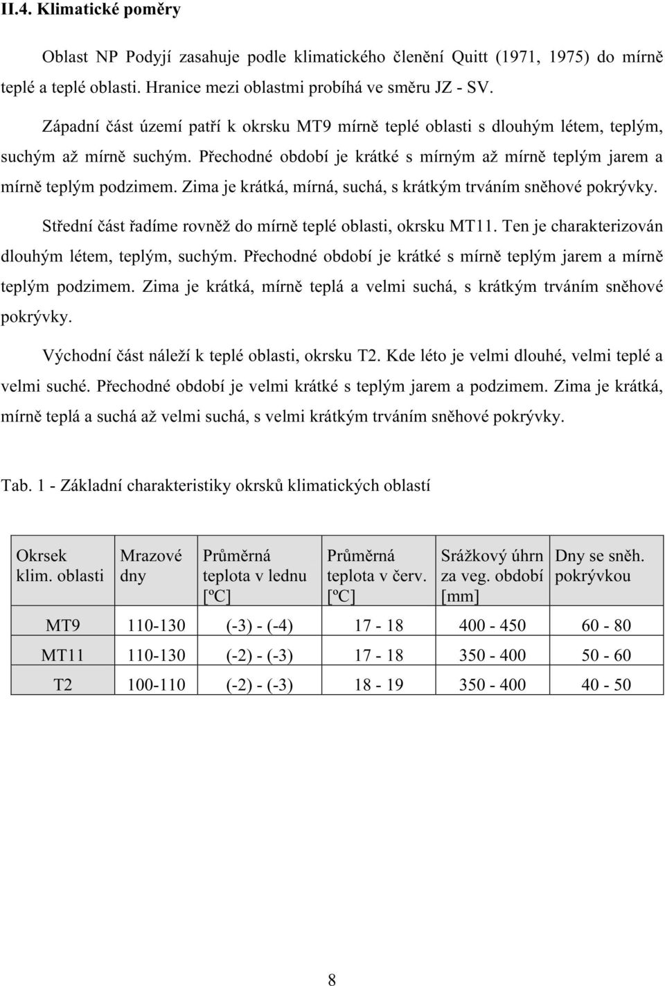 Zima je krátká, mírná, suchá, s krátkým trváním sněhové pokrývky. Střední část řadíme rovněž do mírně teplé oblasti, okrsku MT11. Ten je charakterizován dlouhým létem, teplým, suchým.