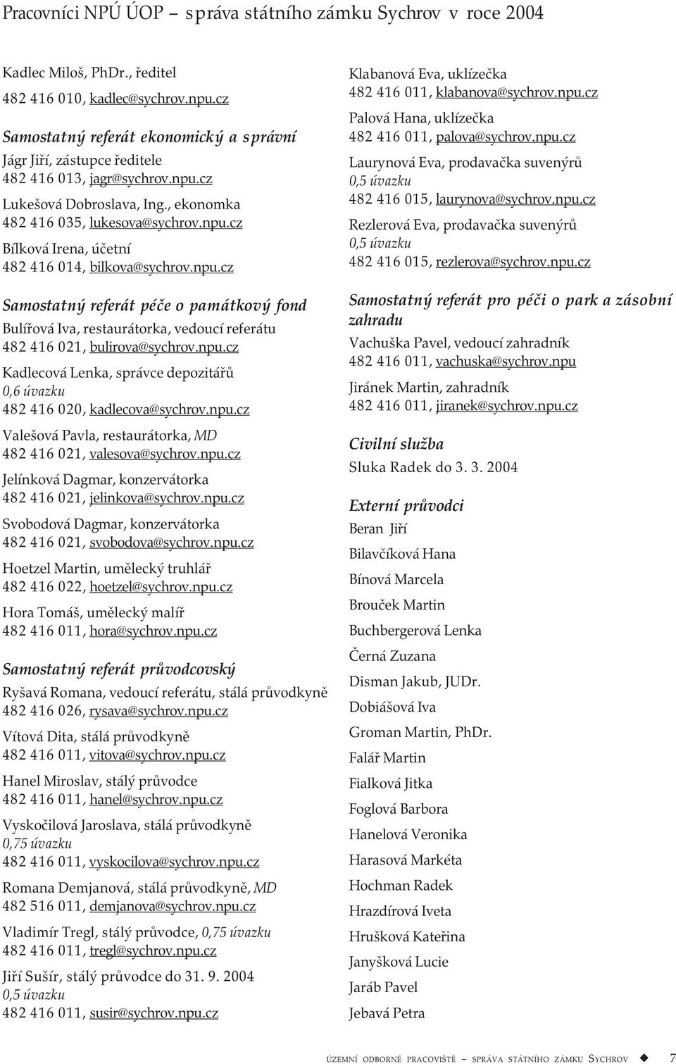 npu.cz Samostatný referát péče o památkový fond Bulířová Iva, restaurátorka, vedoucí referátu 482 416 021, bulirova@sychrov.npu.cz Kadlecová Lenka, správce depozitářů 0,6 úvazku 482 416 020, kadlecova@sychrov.