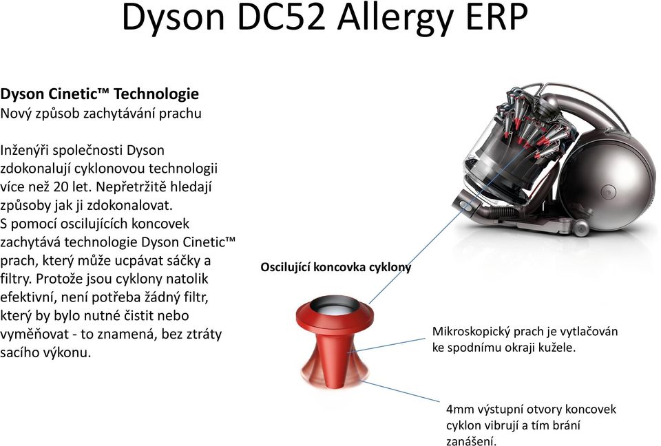 S pomocí oscilujících koncovek zachytává technologie Dyson Cinetic prach, který může ucpávat sáčky a filtry.