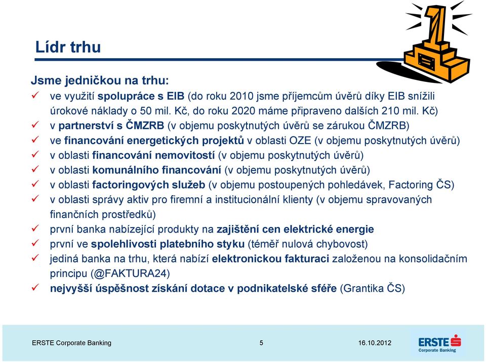 poskytnutých úvěrů) v oblasti komunálního financování (v objemu poskytnutých úvěrů) v oblasti factoringových služeb (v objemu postoupených pohledávek, Factoring ČS) v oblasti správy aktiv pro firemní