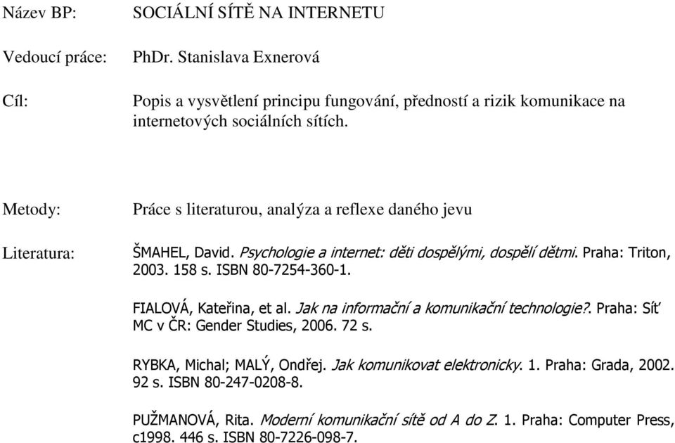 Metody: Literatura: Práce s literaturou, analýza a reflexe daného jevu ŠMAHEL, David. Psychologie a internet: děti dospělými, dospělí dětmi. Praha: Triton, 2003. 158 s.