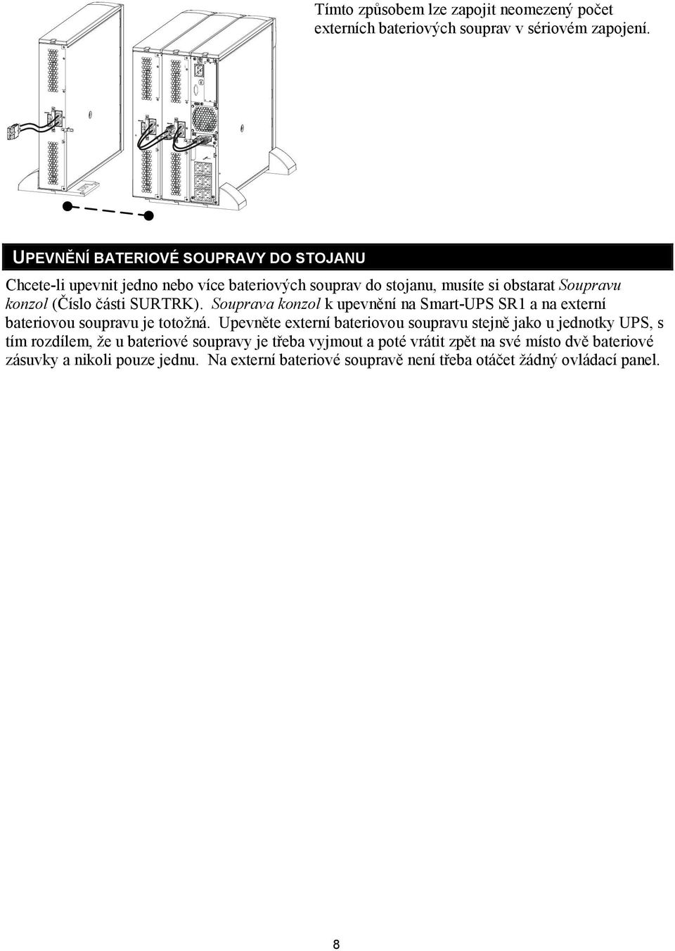 SURTRK). Souprava konzol k upevnění na Smart-UPS SR1 a na externí bateriovou soupravu je totožná.