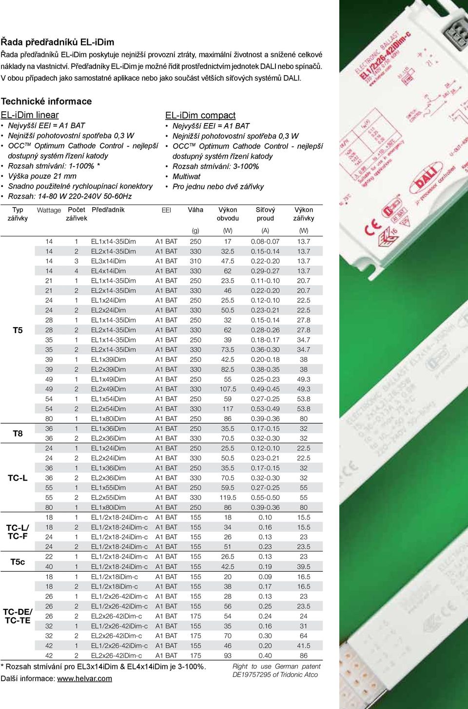 Technické informace EL-iDim linear Nejvyšší EEI = A1 BAT Nejnižší pohotovostní spotřeba 0,3 W OCC TM Optimum Cathode Control - nejlepší dostupný systém řízení katody Rozsah stmívání: 1-100% * Výška