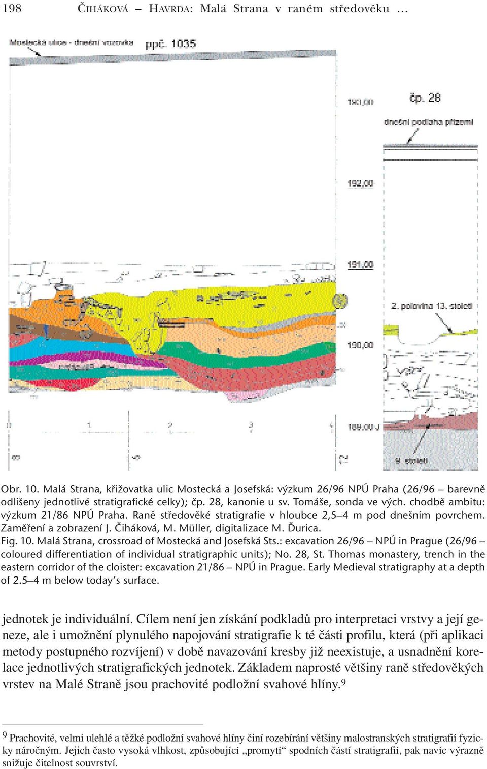 Müller, digitalizace M. Ďurica. Fig. 10. Malá Strana, crossroad of Mostecká and Josefská Sts.: excavation 26/96 NPÚ in Prague (26/96 coloured differentiation of individual stratigraphic units); No.