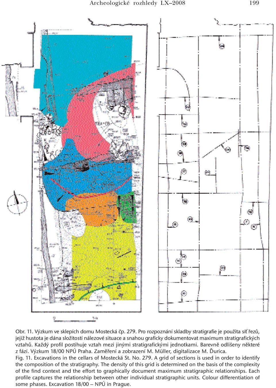 Každý profil postihuje vztah mezi jinými stratigrafickými jednotkami. Barevně odlišeny některé z fází. Výzkum 18/00 NPÚ Praha. Zaměření a zobrazení M. Müller, digitalizace M. Ďurica. Fig. 11.