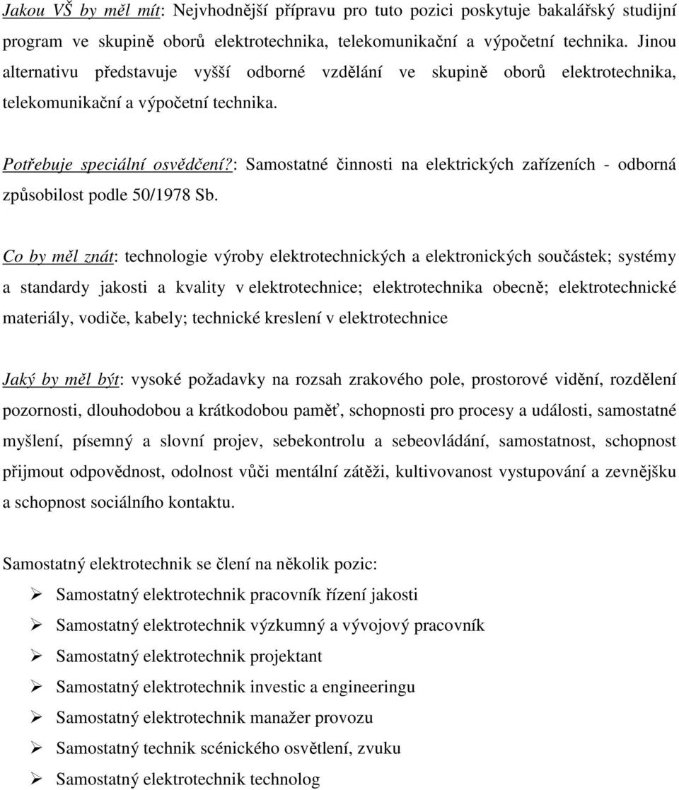 : Samostatné činnosti na elektrických zařízeních - odborná způsobilost podle 50/1978 Sb.