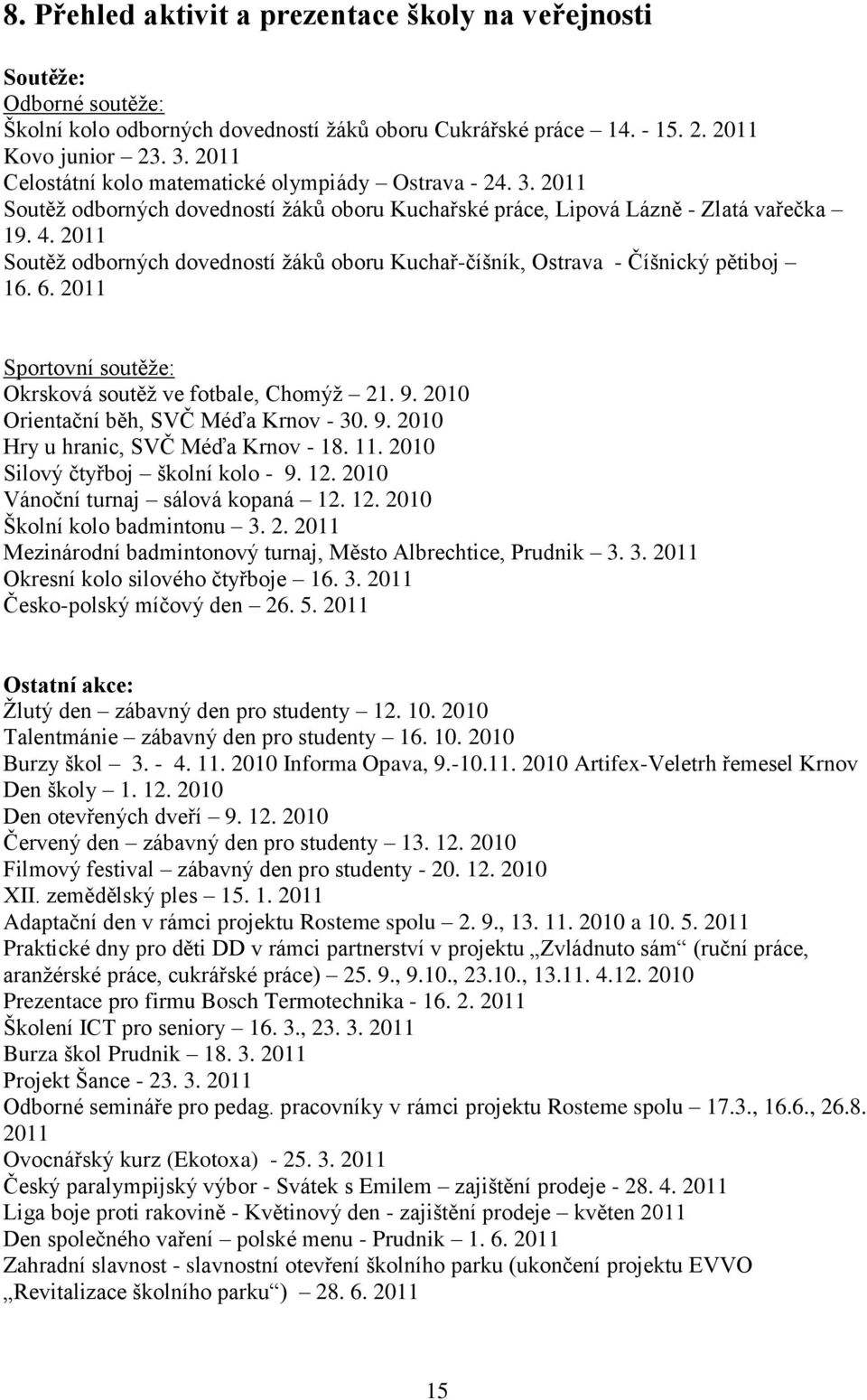 2011 Soutěž odborných dovedností žáků oboru Kuchař-číšník, Ostrava - Číšnický pětiboj 16. 6. 2011 Sportovní soutěže: Okrsková soutěž ve fotbale, Chomýž 21. 9. 2010 Orientační běh, SVČ Méďa Krnov - 30.