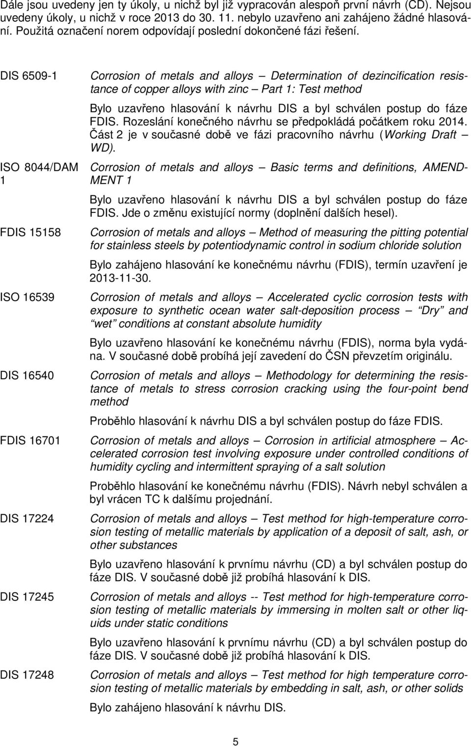 DIS 6509-1 ISO 8044/DAM 1 FDIS 15158 ISO 16539 DIS 16540 FDIS 16701 DIS 17224 DIS 17245 DIS 17248 Corrosion of metals and alloys Determination of dezincification resistance of copper alloys with zinc