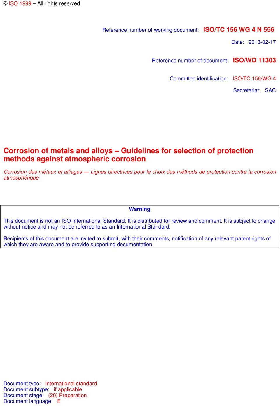 méthods de protection contre la corrosion atmosphérique Warning This document is not an ISO International Standard. It is distributed for review and comment.