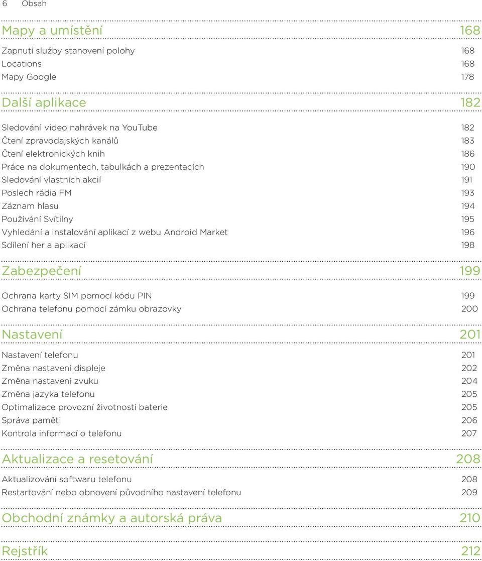 z webu Android Market 196 Sdílení her a aplikací 198 Zabezpečení 199 Ochrana karty SIM pomocí kódu PIN 199 Ochrana telefonu pomocí zámku obrazovky 00 Nastavení 201 Nastavení telefonu Změna nastavení