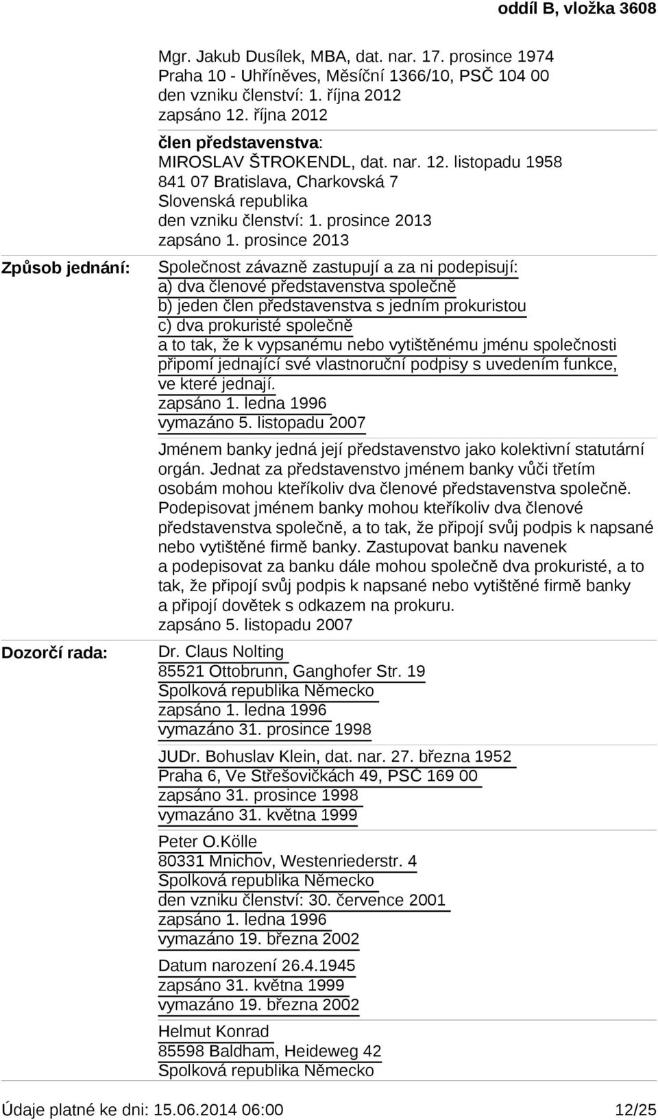 prosince 2013 Společnost závazně zastupují a za ni podepisují: a) dva členové představenstva společně b) jeden člen představenstva s jedním prokuristou c) dva prokuristé společně a to tak, že k