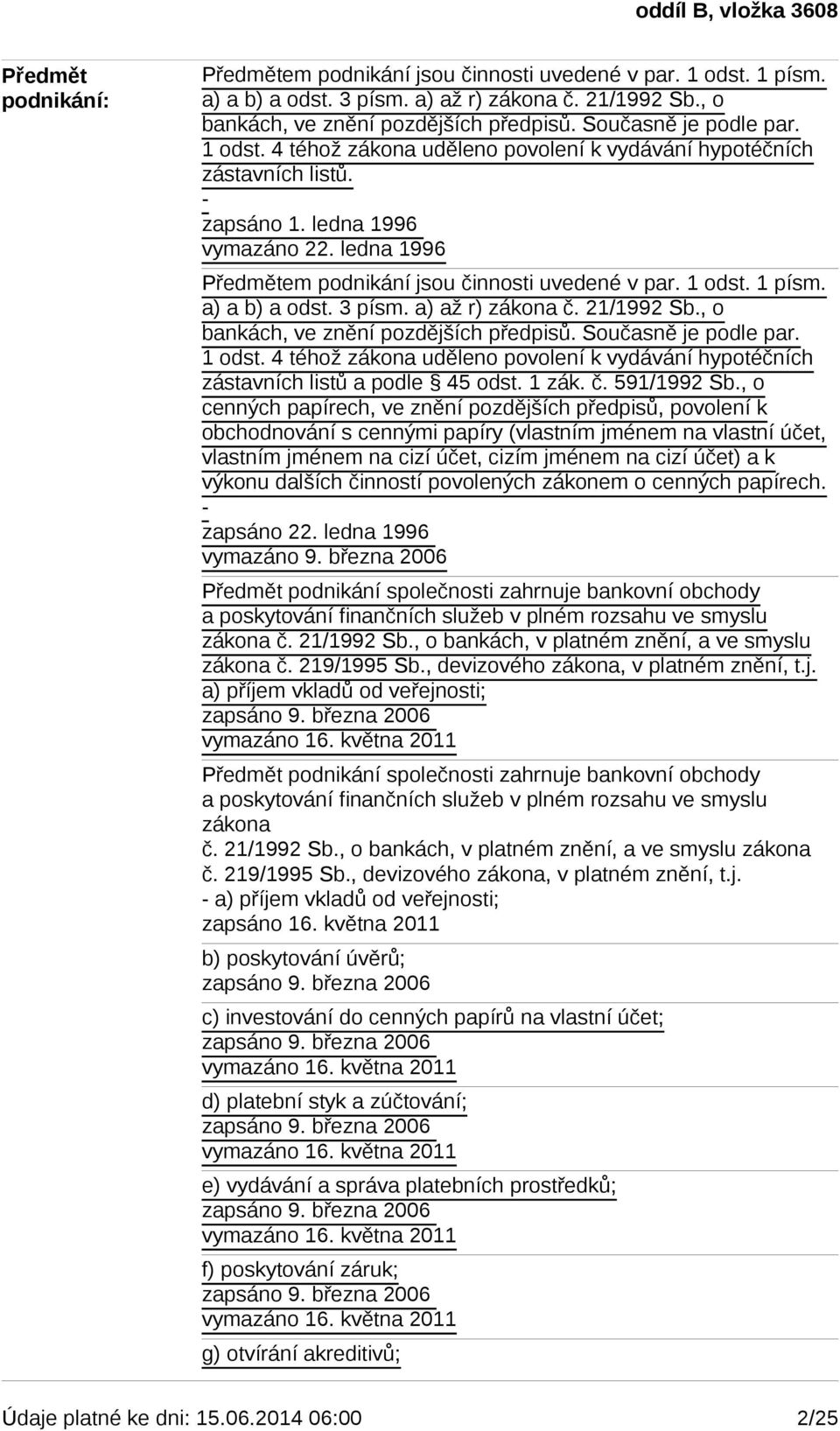 a) a b) a odst. 3 písm. a) až r) zákona č. 21/1992 Sb., o bankách, ve znění pozdějších předpisů. Současně je podle par. 1 odst.