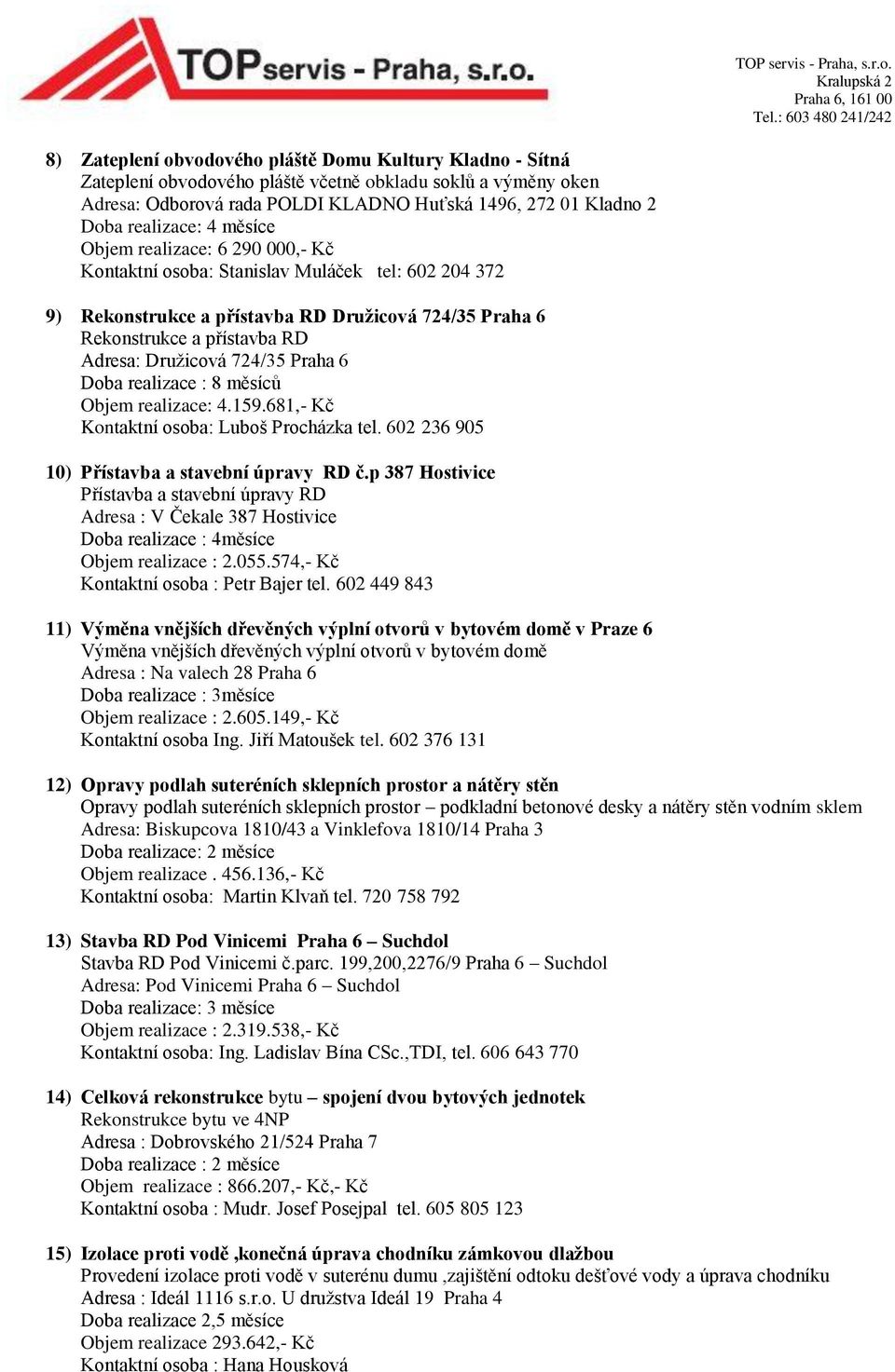 Družicová 724/35 Praha 6 Doba realizace : 8 měsíců Objem realizace: 4.159.681,- Kč Kontaktní osoba: Luboš Procházka tel. 602 236 905 10) Přístavba a stavební úpravy RD č.