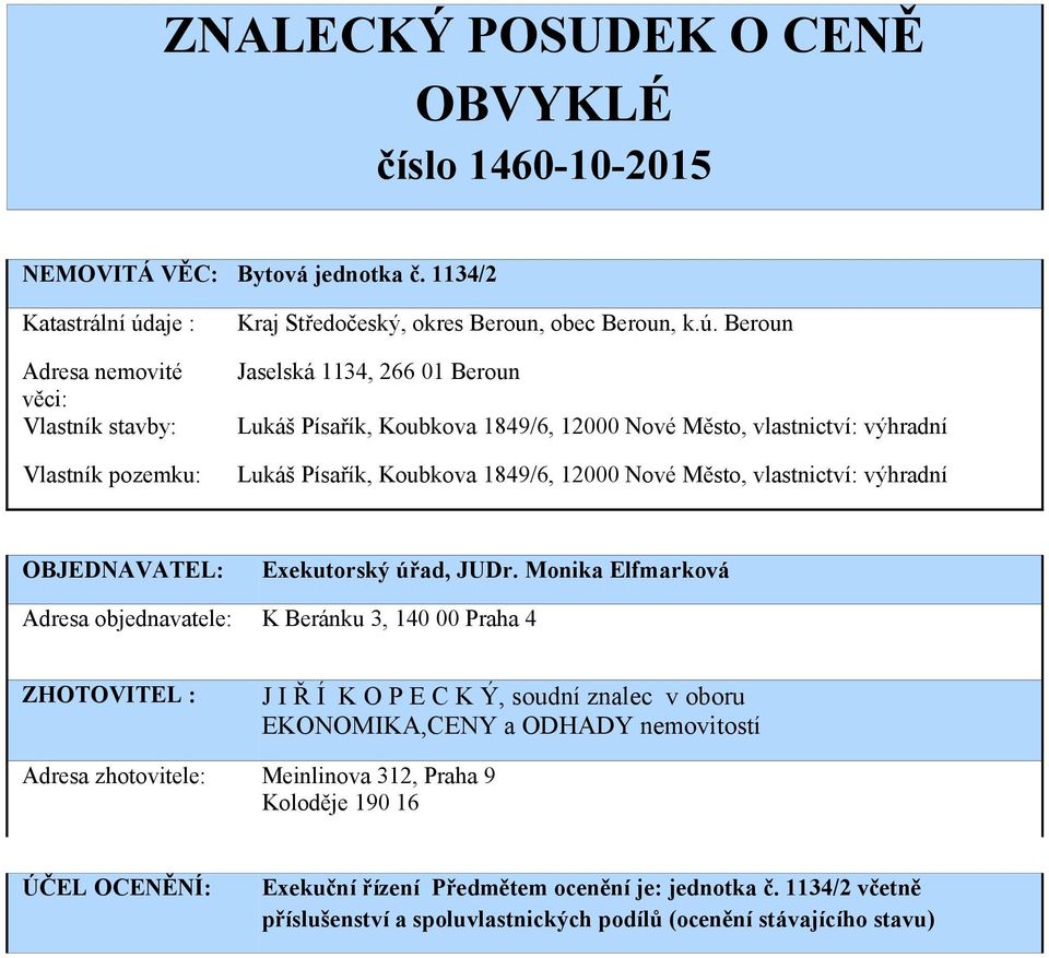 aje : Adresa nemovité věci: Vlastník stavby: Vlastník pozemku: Kraj Středočeský, okres Beroun, obec Beroun, k.ú.