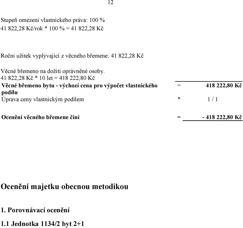 41 822,28 Kč * 10 let = 418 222,80 Kč Věcné břemeno bytu - výchozí cena pro výpočet vlastnického = 418 222,80 Kč