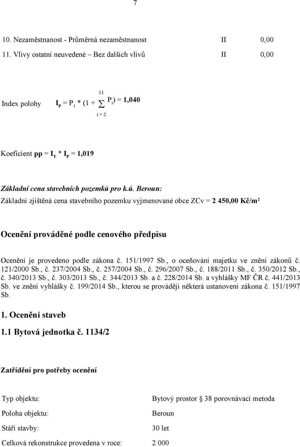 Beroun: Základní zjištěná cena stavebního pozemku vyjmenované obce ZCv = 2 450,00 Kč/m 2 Ocenění prováděné podle cenového předpisu Ocenění je provedeno podle zákona č. 151/1997 Sb.